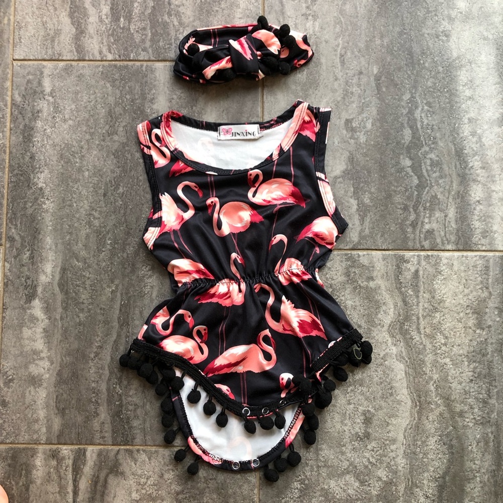 Girls Flamingo romper and matching headband